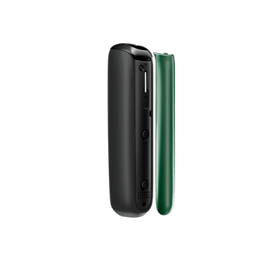 Bočni prikaz Amazon Green prednje maske za Ploom AURA uređaj, odvojene od uređaja